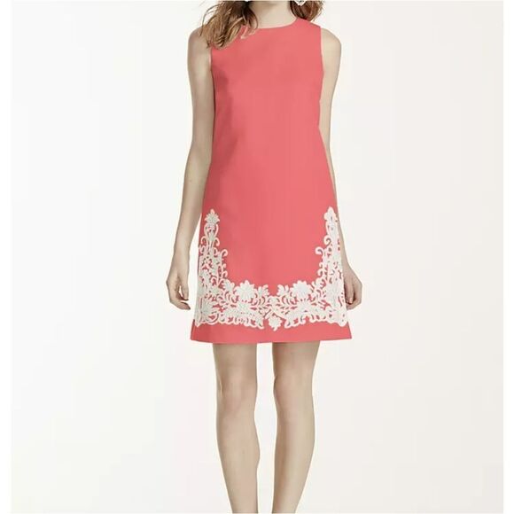 David's Bridal Short Shift Dress Lace Appliques Coral Bridesmaid Formal Prom NWT - Picture 11 of 12